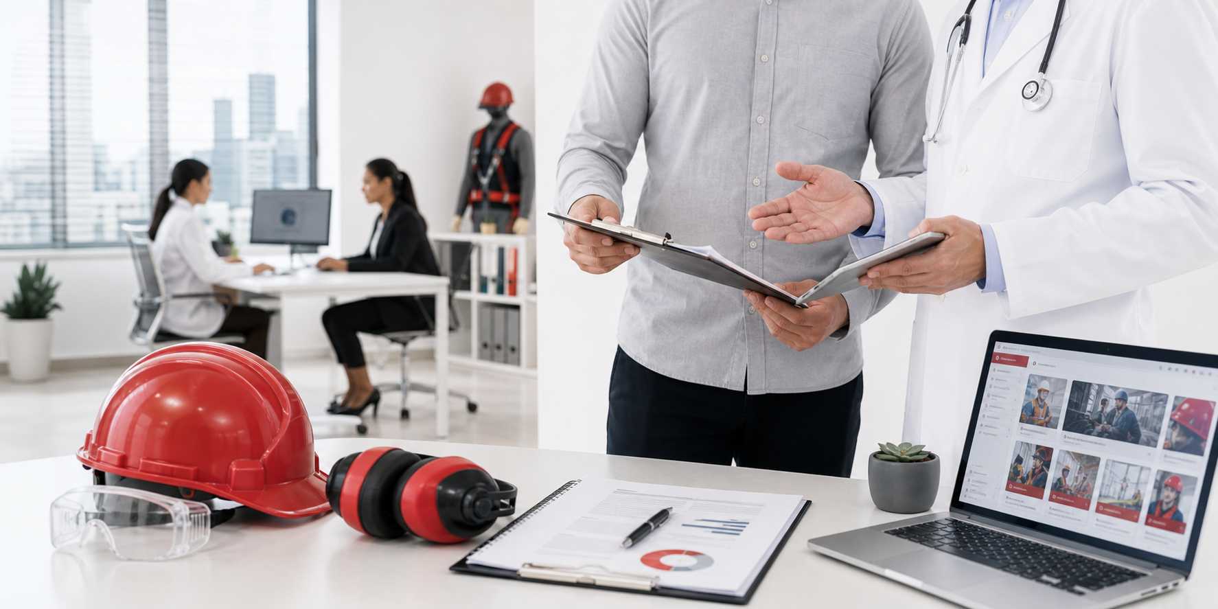 Ambiente profissional com equipe de saúde ocupacional, EPIs e plataforma de treinamentos