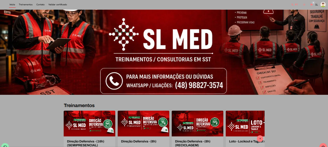 Tela inicial da plataforma de treinamentos da SL MED com banner institucional